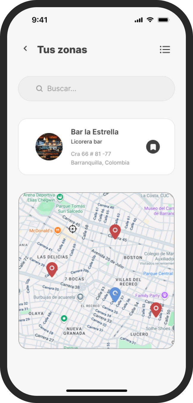 Pantalla del mapa mostrando zonas seguras